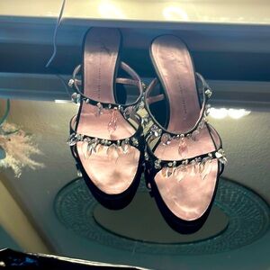 Giuseppe Zanotti kitten heeled sandals, black w crystals on straps (defects!)